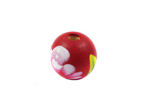 Perles en bois décoré - 19 mm - Rouge - Motif fleuri - x 4