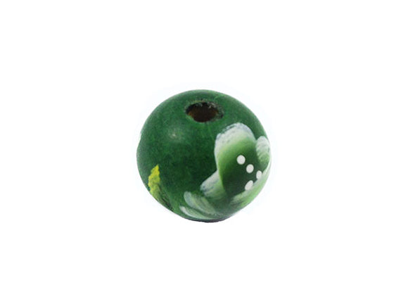 Perles en bois décoré - 19 mm - Vert - Motif fleuri - x 4