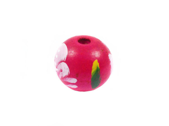 Perles en bois décoré - 19 mm - Fuchsia - Motif fleuri - x 4