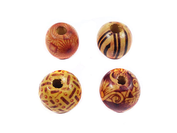 Perles en bois décoré - 16 mm - Motifs mixtes - x 8