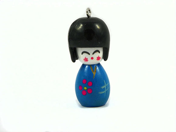 Pendentif poupée japonaise en bois - Bleu - x 1