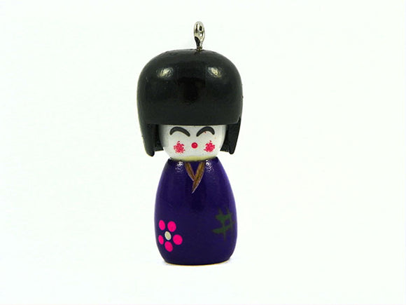 Pendentif poupée japonaise en bois - Violet - x 1