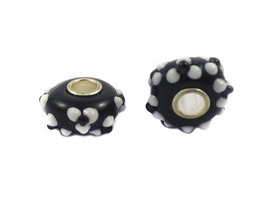 Perle européenne - Fond noir avec fleurs blanches - x 1  Ma Boutique de Perles