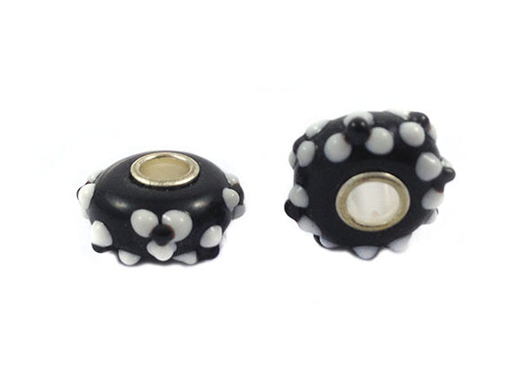 Perle européenne - Fond noir avec fleurs blanches - x 1
