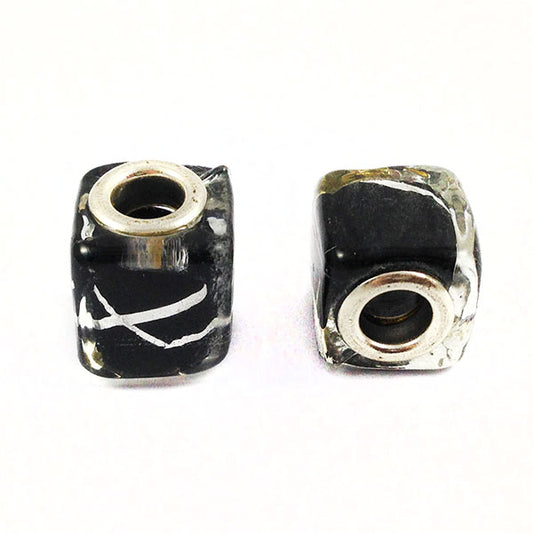 Perle cube 14 mm - Verre noir et feuille d'argent - x 1  Ma Boutique de Perles