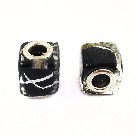 Perle cube 14 mm - Verre noir et feuille d'argent - x 1
