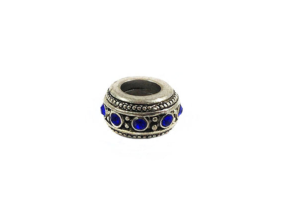 Perle métal grand trou - Argent vieilli et strass bleus - x 1