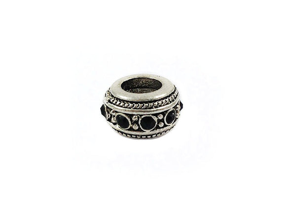 Perle métal grand trou - Argent vieilli et strass noirs - x 1