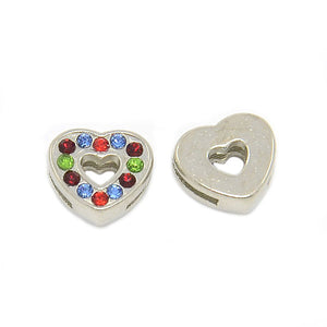 Passant pour lacet 8 mm - Coeur argenté et strass multicolores - x1