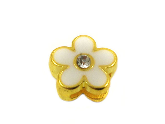 Passant pour lacet 8 mm - Motif fleur - Doré, émail blanc et strass - x 1