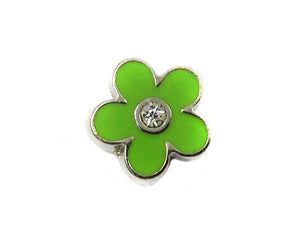 Passant pour lacet 8 mm - Motif fleur - Argenté, émail vert et strass - x 1