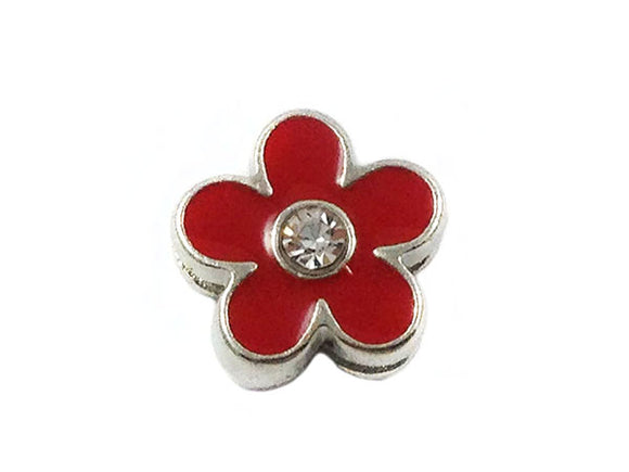 Passant pour lacet 8 mm - Motif fleur - Argenté, émail rouge et strass - x 1